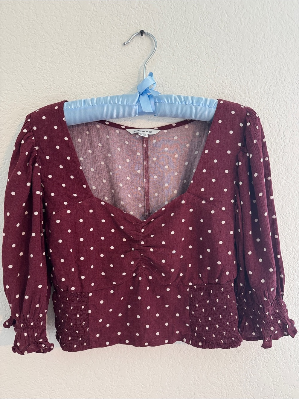 American Eagle Outfitters Burgundy with White Polka Dot V-Neck Long Sleeve Top